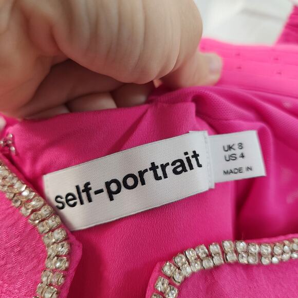 Self-Portrait‎ Diamante Embellished Textured Midi Dress 4 Pink Evening Formal - Picture 4 of 9